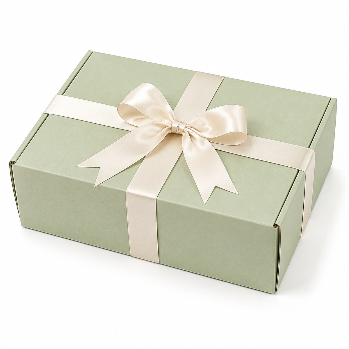 Geschenkbox 30 x 22 x 10 cm aus Karton salbeigrün cremeweiß mit Schleifenband