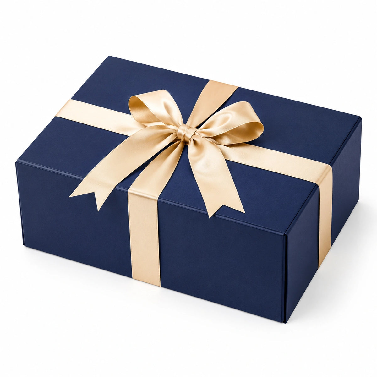 Geschenkbox 30 x 22 x 10 cm aus Karton in Dunkelblau Gold mit Deckel und Schleife