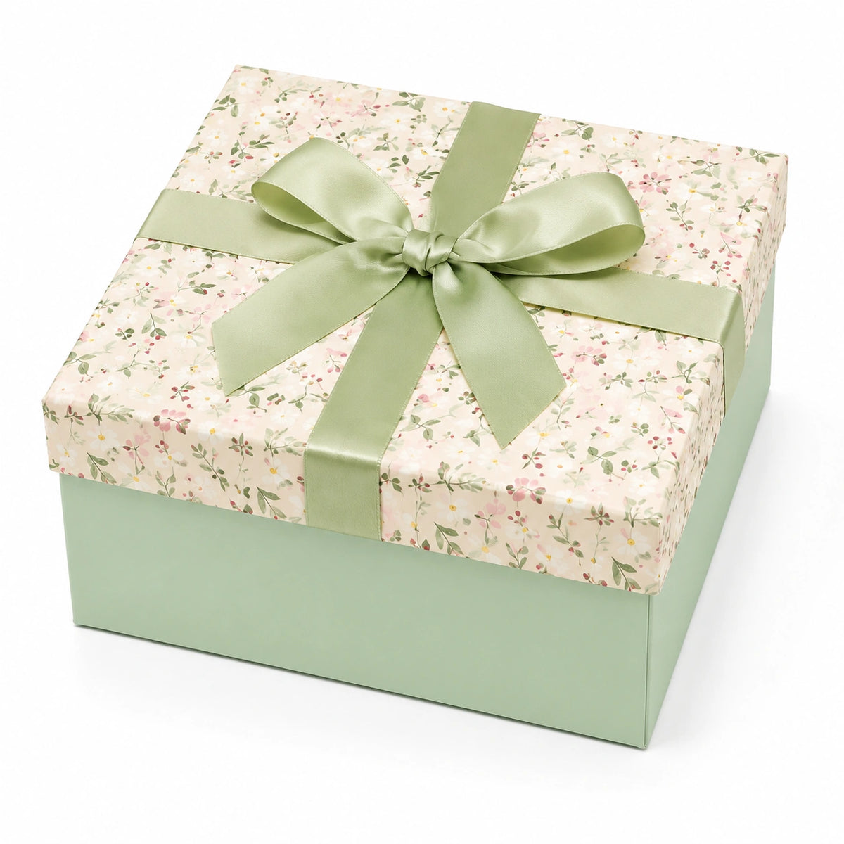 Geschenkbox 25 x 25 x 10 cm aus Karton Creme/Salbeigrün mit Blumenmuster und Schleifenband