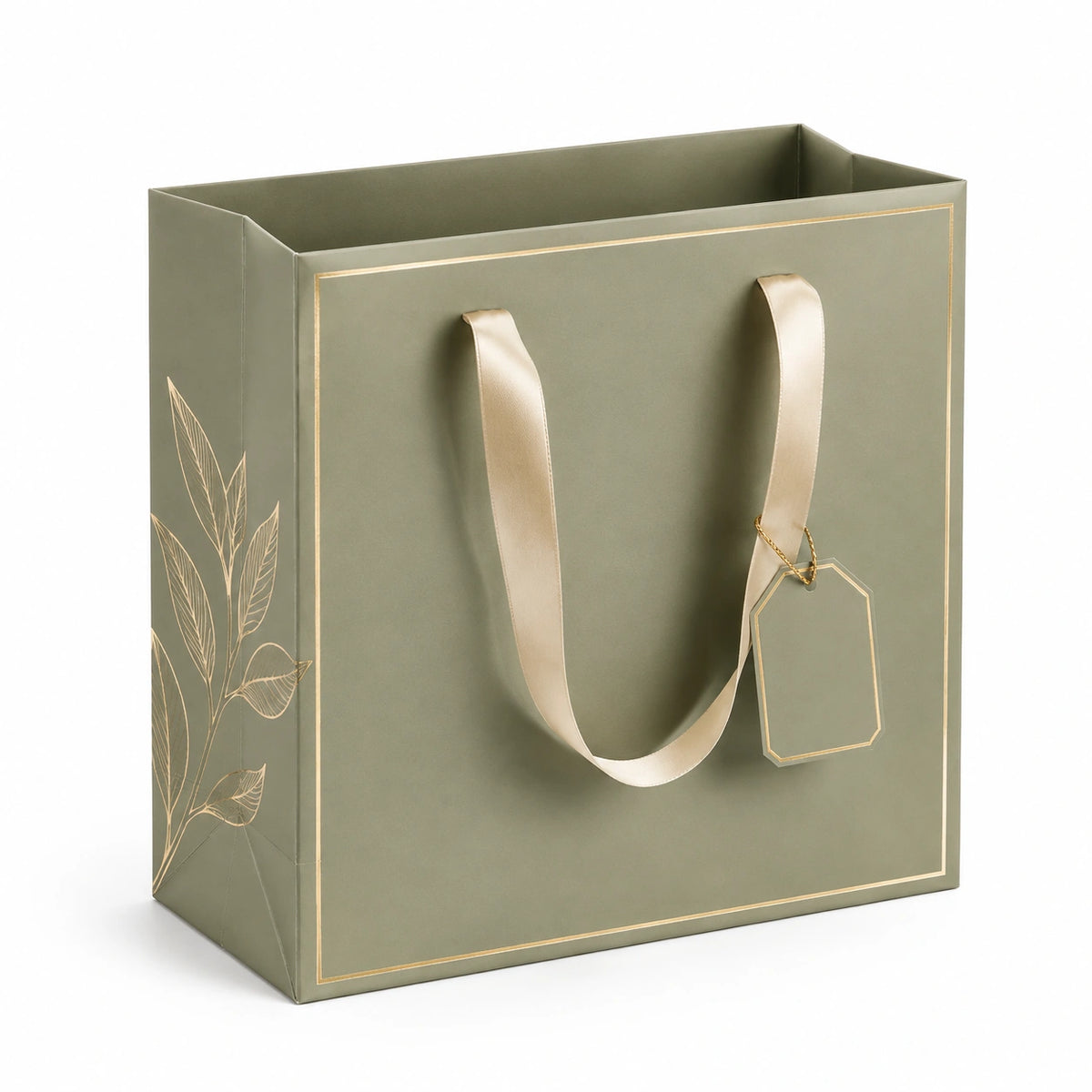 Geschenktüte 30 x 12 x 35 cm aus Karton Grün mit Satinhenkeln botanisches Design