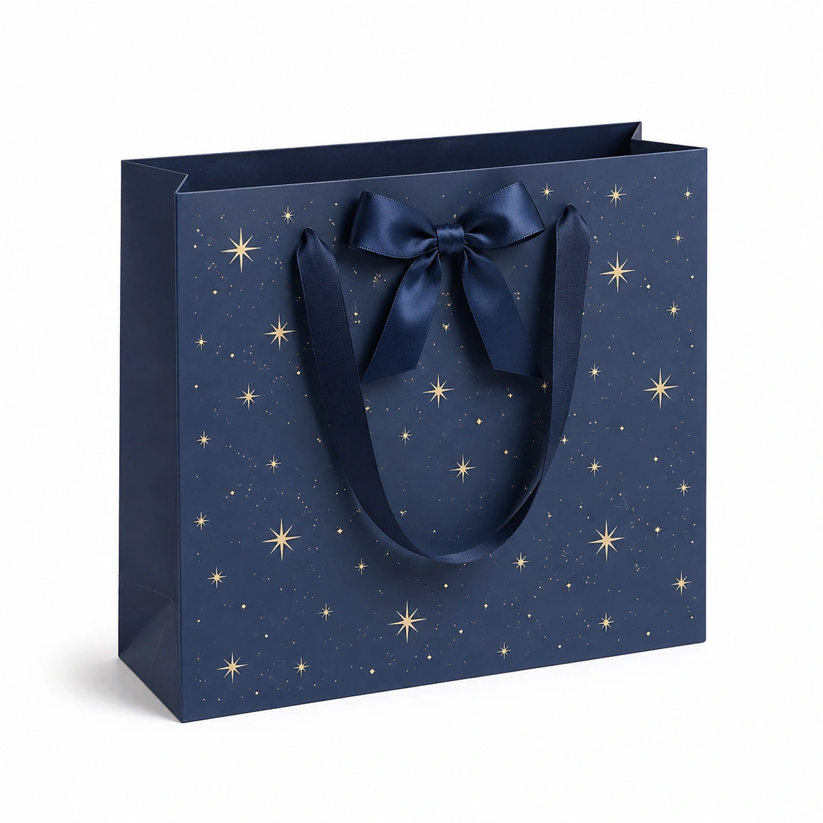 Geschenktüte 32 x 12 x 26 cm aus Papier dunkelblau mit Sternenmuster und Schleife