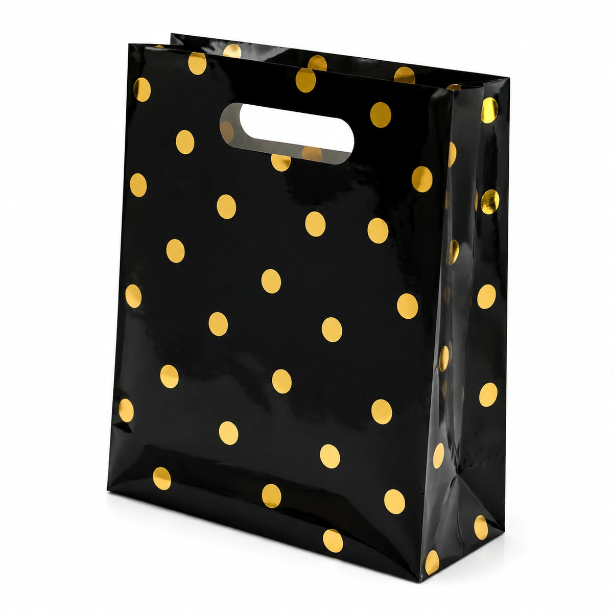 Geschenktüte 26 x 12 x 32 cm Papier Schwarz Gold gepunktet mit ausgestanzten Tragegriffen