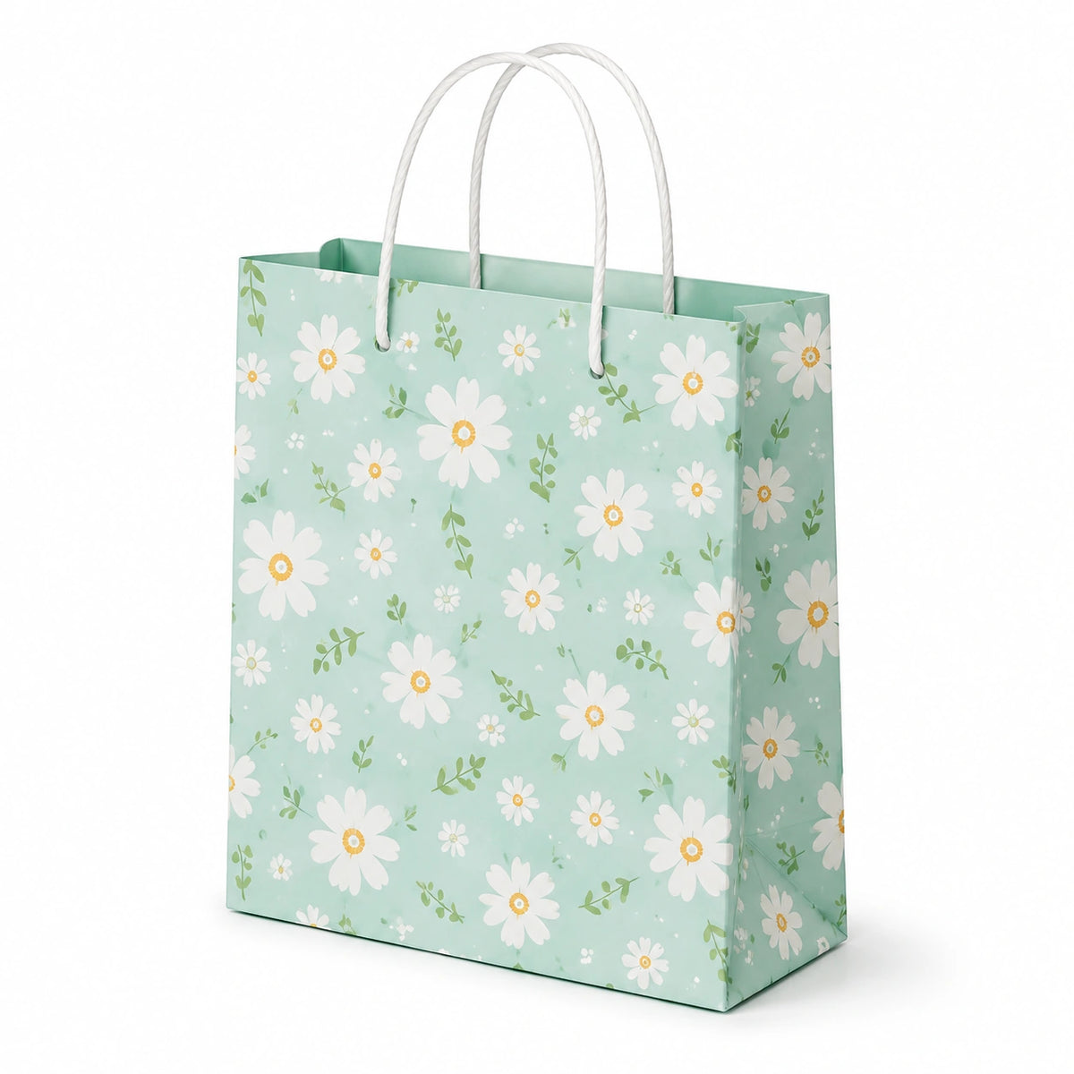 Geschenktüte 26 x 12 x 32 cm aus Papier Mintgrün mit Blumenmuster und Kordelgriffen