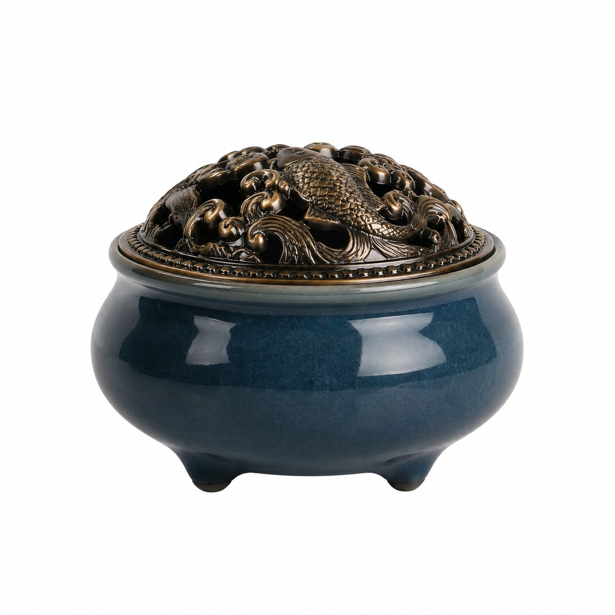 Räuchergefäß Durchmesser 16 cm Keramik Blau mit Fischrelief und Deckel