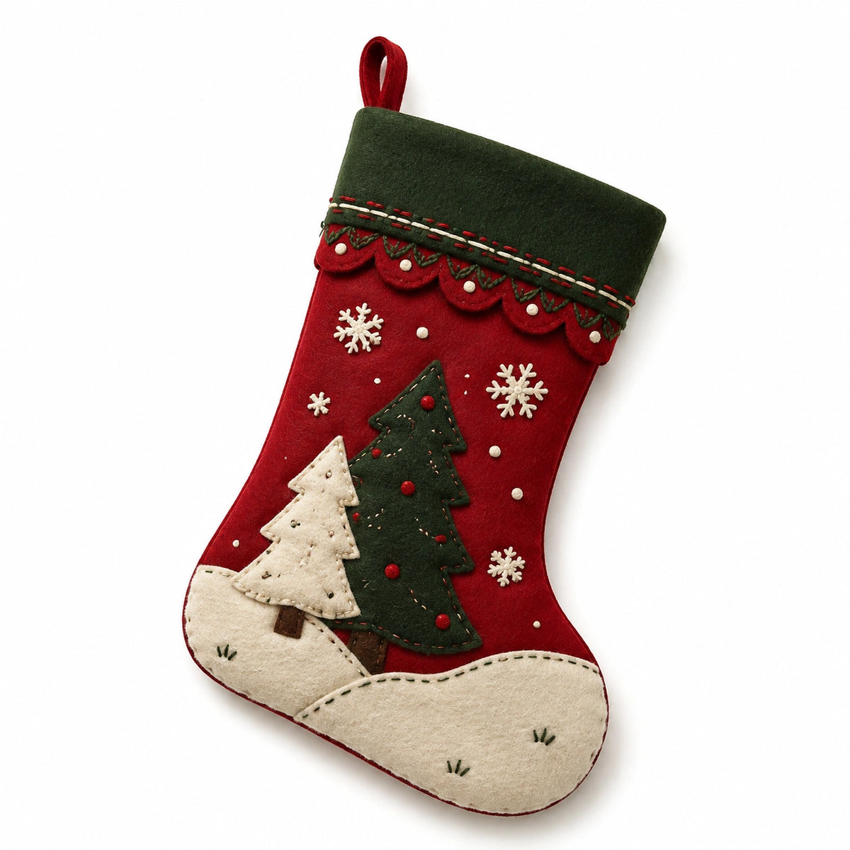 Weihnachtsstrumpf Einheitsgröße aus Filz Rot Grün mit Tannenbaum Motiv zum Aufhängen