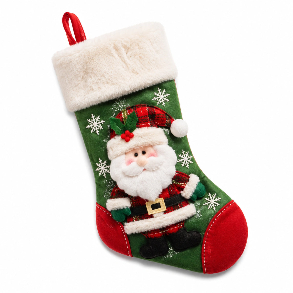 Weihnachtssocke 45 cm aus Textil Grün Rot mit Weihnachtsmannmotiv zum Aufhängen