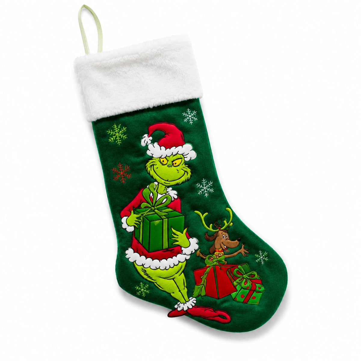 Weihnachtsstrumpf 45 cm aus Polyester Grün mit Figurenmotiv zum Aufhängen
