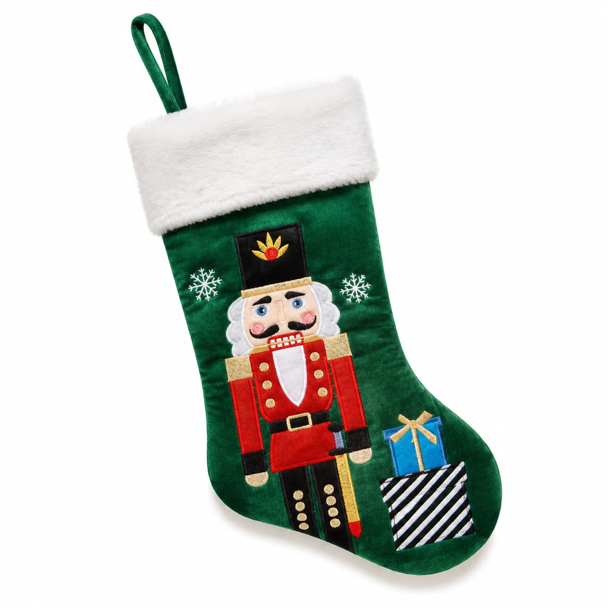 Weihnachtsstrumpf 45 x 28 cm aus Textil Grün mit Nussknacker Motiv zum Aufhängen